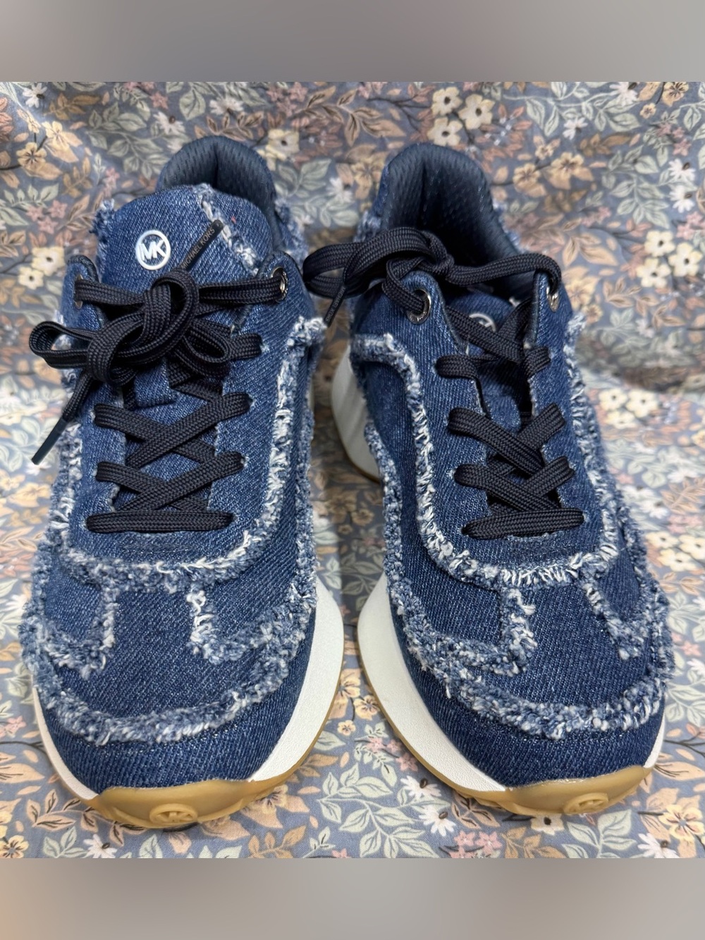 Michael Kors Kids Denim Frayed Lace-Up Sneakers in Dark Blue and White